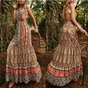 BOHO Floral Cami Backless Ruffle Hem Maxi Dress